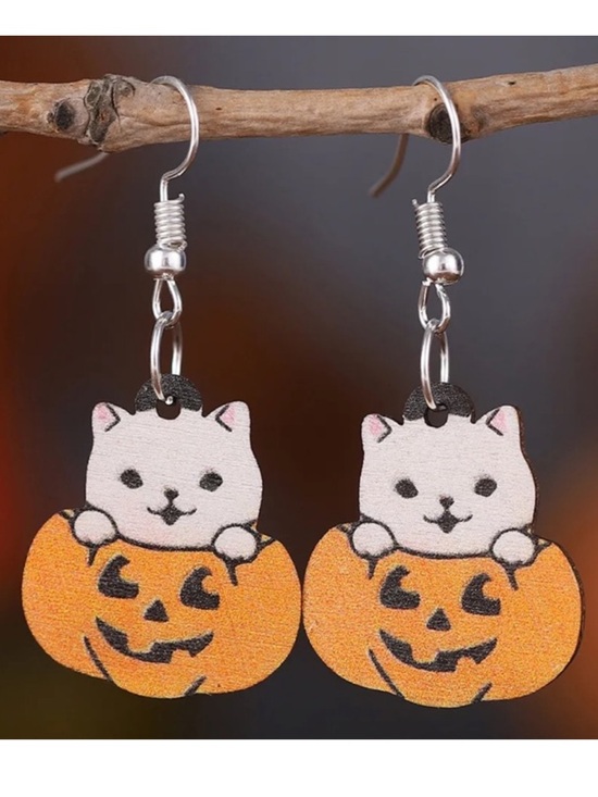 Jewelry - Peek a Boo White Cat Jack O Lantern Pumpkin Halloween Wooden Dangle Earrings